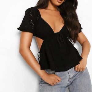 Boohoo Black Eyelet Tie-Front Crop Top